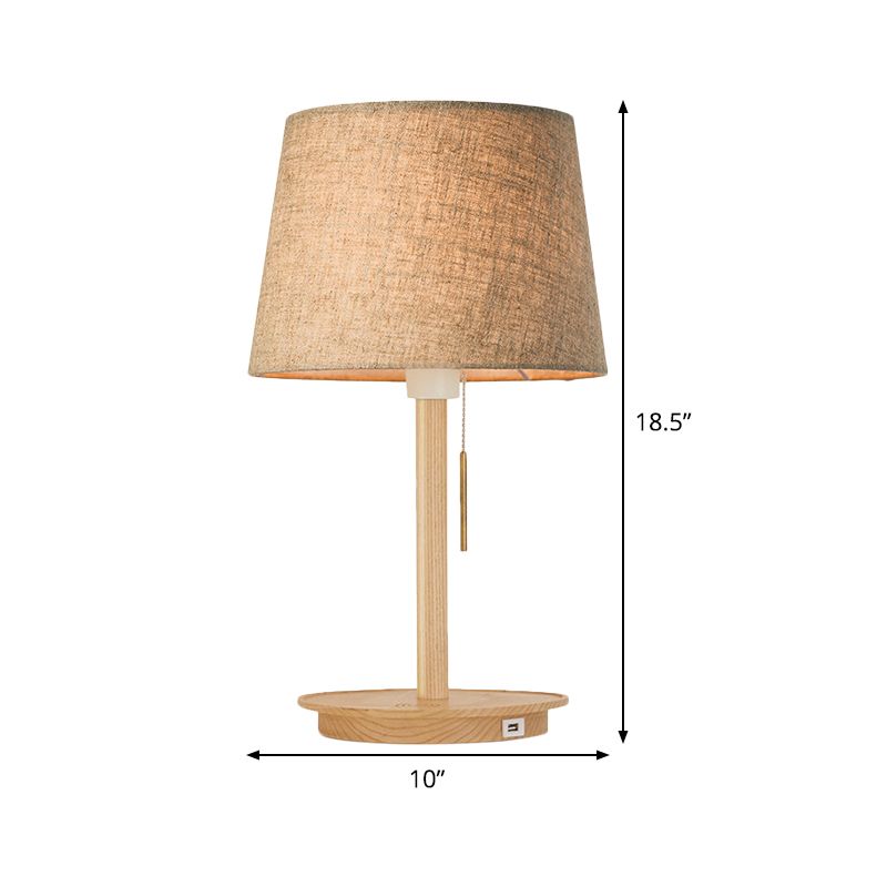 Fabric Flared Task Light Modern 1 Bulb Nightstand Lamp in Flaxen with Pull Chain