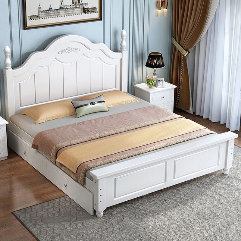 Solid Wood Panel Bed Contemporary White Standard Bed with 2 Drawers