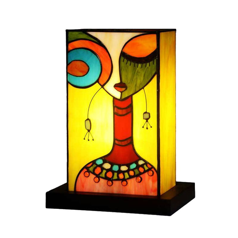 Baroque Rectangle Night Lamp 1 Light Hand Cut Glass Nightstand Light in Green with Abstract Woman Pattern