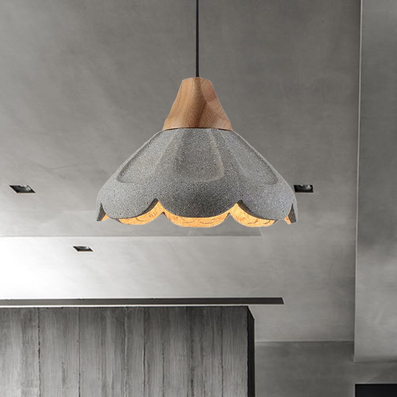 Grey 1-Light Pendant Lighting Nordic Style Concrete Scalloped Hanging Light Fixture with Wooden Cap for Restaurant