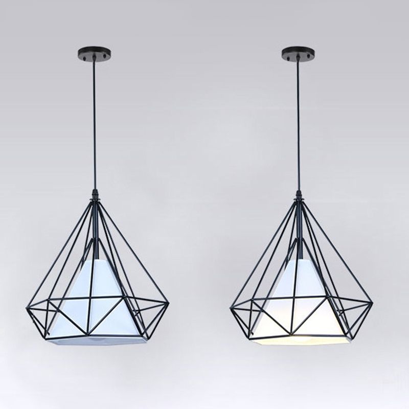 1 Light Diamond Cage Ceiling Light Industrial Metal Hanging Pendant Lights for Coffee Shop