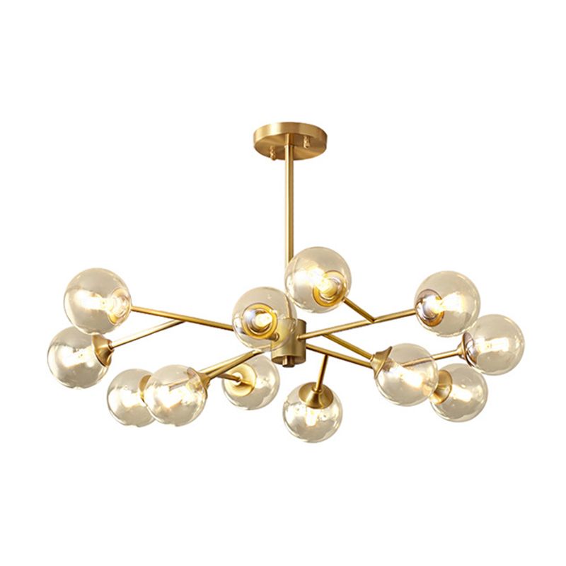 Candelera colgante de metal posmoderno Light Amber Glass Shade Chandelier en oro para dormitorio