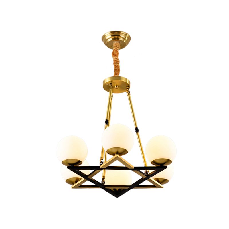 Polygon Metal Chandelier Light Fixture Postmodern 6/8 Heads Brass Hanging Ceiling Light with Globe White Glass Shade