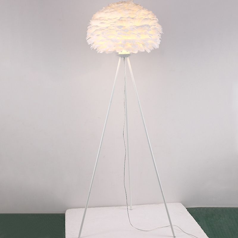 Dome Feather Floor Lamp Minimalist Single Grey/White/Pink Floor Light with Black/White/Gold Tripod for Bedroom