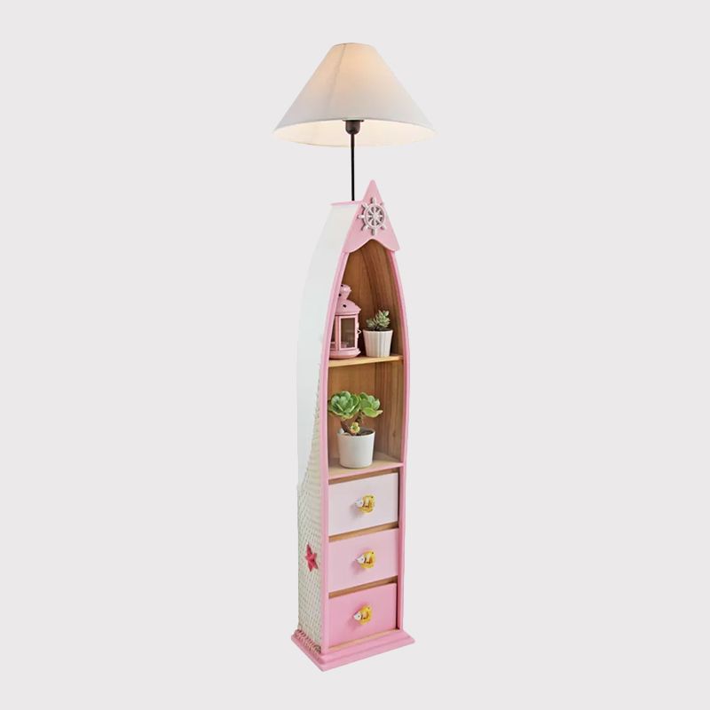 Wood Surfboard-Like Shelf Floor Lamp Children Single Head Pink/Green/Blue Standing Light with Cone White Fabric Shade