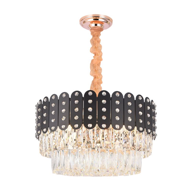 12 Lights Round Chandelier Pendant Light Vintage Metal Hanging Light with Crystal Block in Black Finish