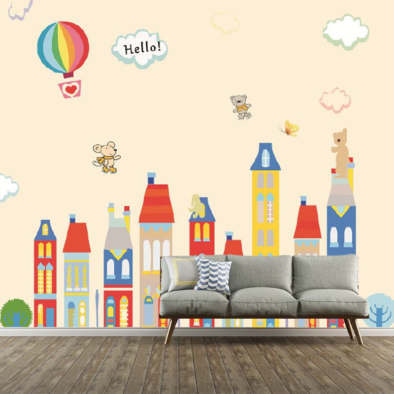 Cartoon Fantasy Houses Wall Mural Pastel Color Stain-Resistant Wall Decor for Kindergarten