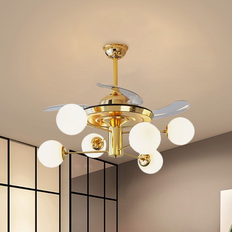 Postmodern 3 Blades Burst Arm Fan Light Milk Glass 6 Heads Living Room Semi Flush Mount Chandelier in Gold, 38" Wide