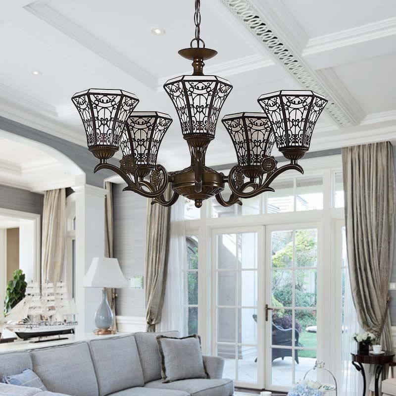 Lodge Style Bell Pendant Lighting White and Black Glass 5 Lights Chandelier Lamp with Chain