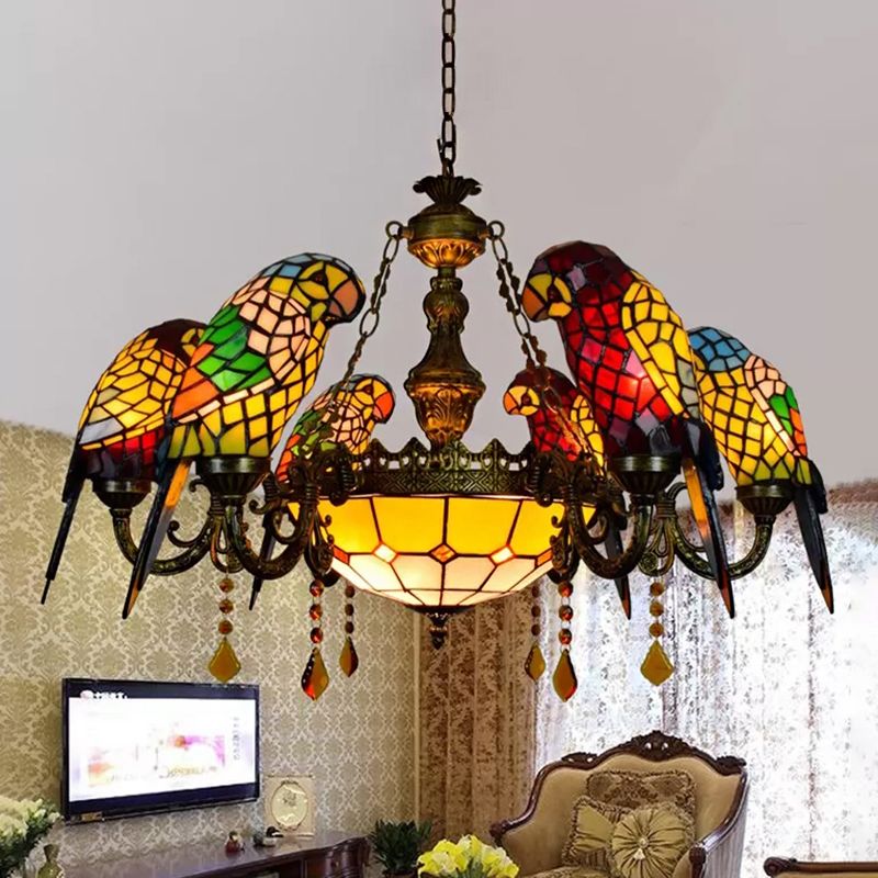 Dining Room Chandeliers Bronze, 9 Lights Tiffany Stained Glass Ceiling Light with Parrots Shade and Amber Crystal Decoration