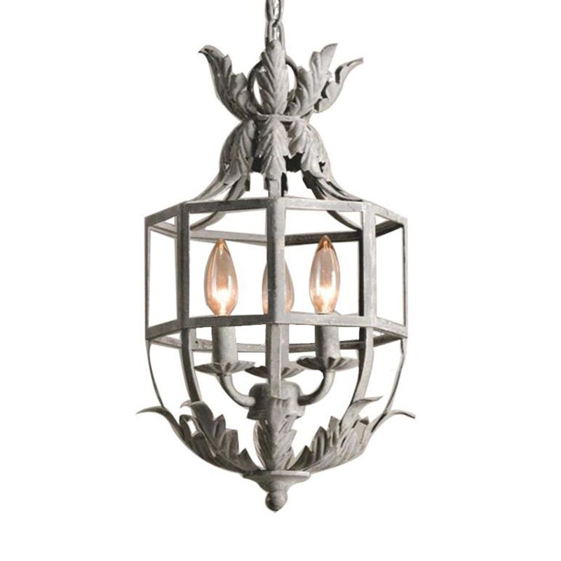 Industrial Style Aged Gray Iron Cage Chandelier Light Vintage Candlestick Shape Lamp Post Lighting Fixture with 39.5" Adjustable Chains