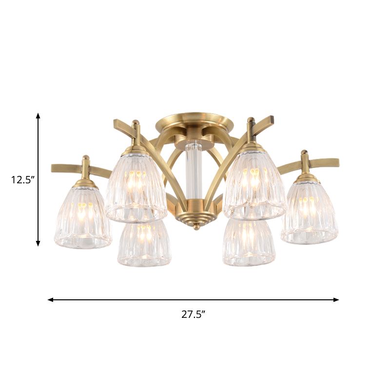 Clear Glass Cone Semi Flush Vintage 6 Bulbs Dining Room Close to Ceiling Lamp in Brass