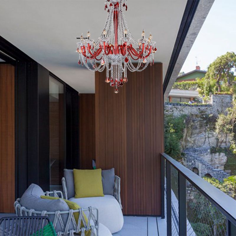 Candle Chandelier Light Fixture Modern K9 Crystal 12 Bulbs Red Ceiling Pendant Light for Balcony