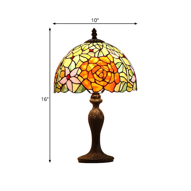 Dark Brown Dome Night Lamp Tiffany-Style Single Handcrafted Art Glass Table Light with Bloom Pattern