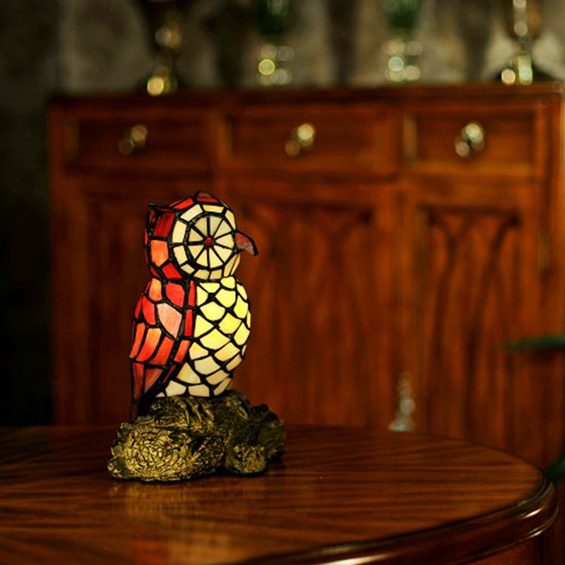 Stained Glass Red Night Table Lamp Owl Shaped 1 Light Tiffany Style Nightstand Light with Resin Base