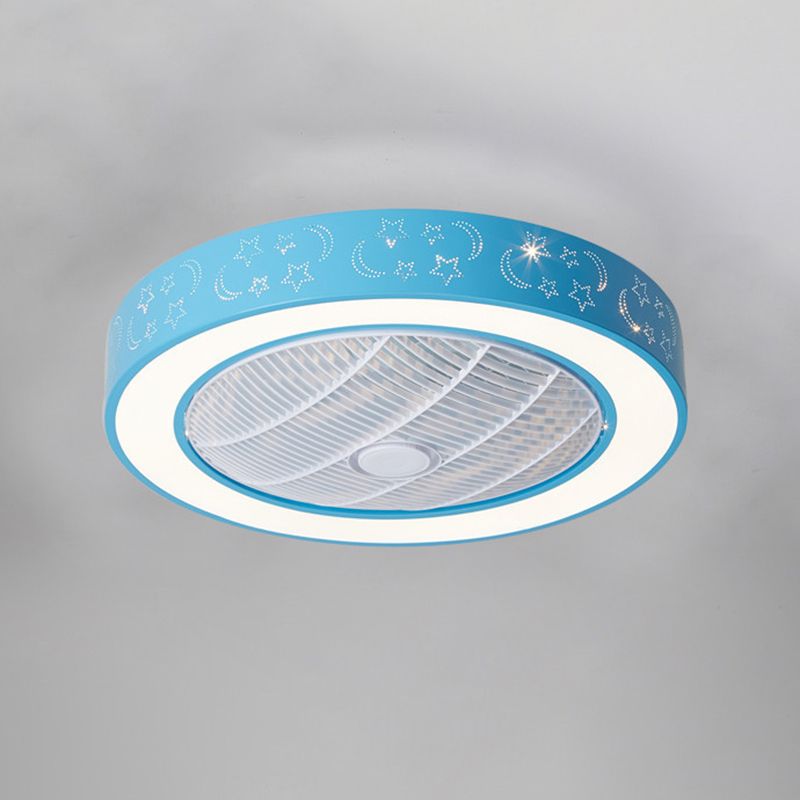 Macaron Hollowed-out Ceiling Fan Light Metal Bedroom LED Semi Flush Mount Lighting Fixture