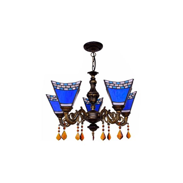 Geométrique Hanging Light Retro Style Treated Verre 5 Bulbes Chandelier avec pendentifs en cristal en jaune / bleu pour chambre à coucher