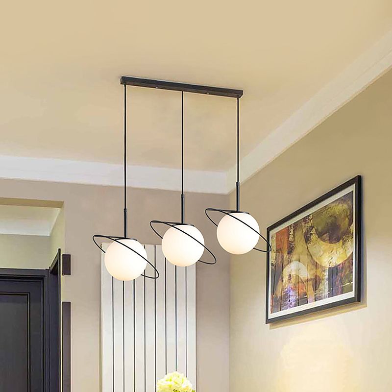 Opal Matte Glass Planet Multi-Light Pendant Postmodern 3 Bulbs Black Hanging Lamp Kit over Dining Table