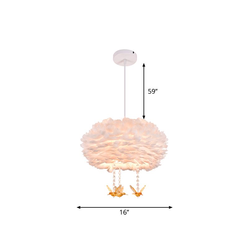 Goose Feather Drum Pendant Light Nordic 5-Light White Chandelier with Bird Deco, 16"/23.5"/31.5" Width