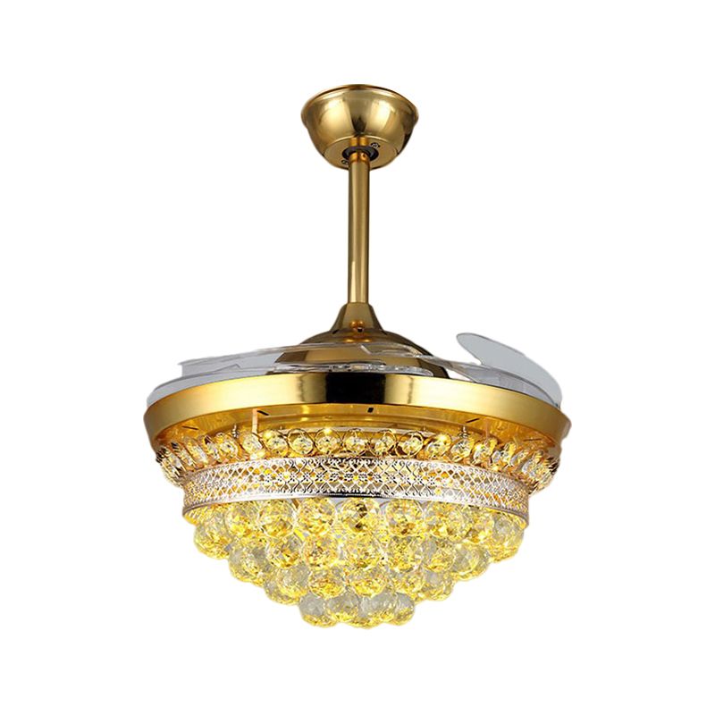 42" Width LED Semi Flush Mount Modern Tapered Clear Crystal Balls 3 Blades Hanging Fan Light in Gold