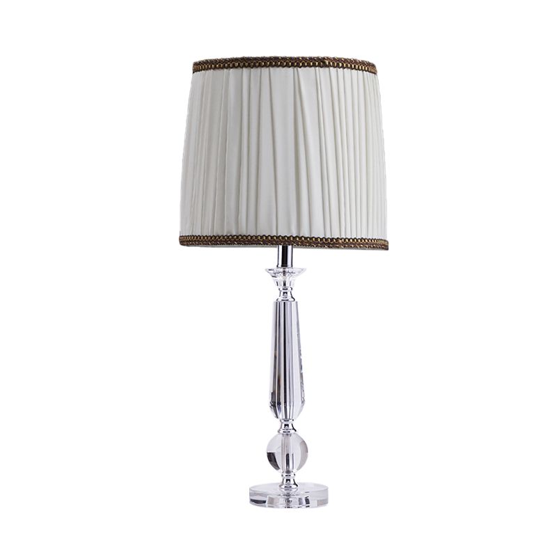 1 Light Drum Night Table Lamp Traditionalism White/Brown/Beige Fabric Nightstand Light for Bedroom with Crystal Base