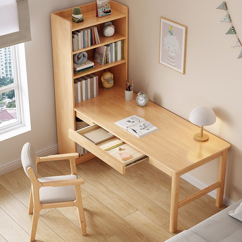 Wood Writing Desk and Chair Set 1-Drawer Kids Corner Desks with Book Shelf