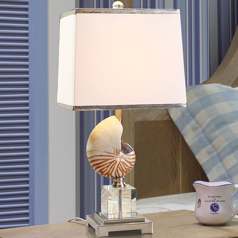 White 1 Head Night Table Light Rural Fabric Cuboid Nightstand Lamp with Decorative Nautilus Shell