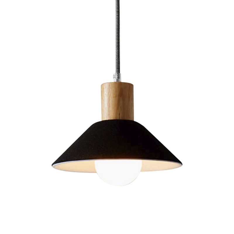 Felt Black/Grey Hanging Light Fixture Conical 1 Head Warehouse Pendant with Wooden Cap for Dining Room