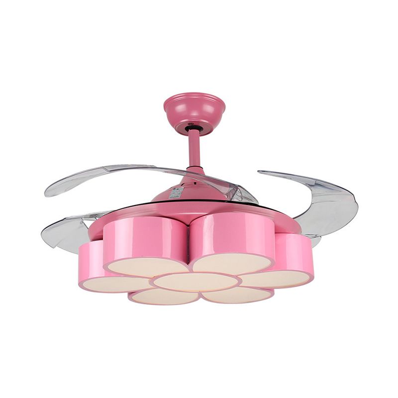 42" W Flower Bedroom Ceiling Fan Light Fixture Metal LED Kids Semi Flush Mounted Lamp in Pink with 3 Clear Blades, Remote/Wall and Remote Control