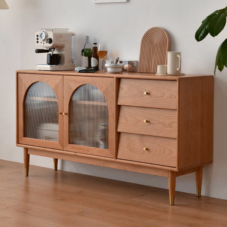 Modern Glass Doors Buffet Table Pine Sideboard Table with Drawers for Kitchen