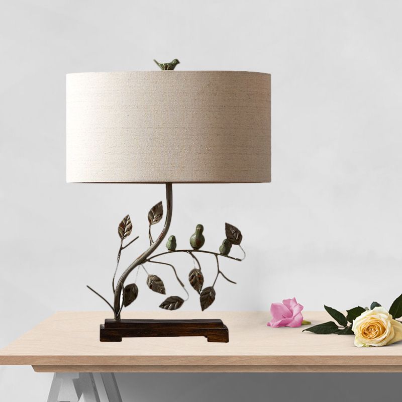 Metallic Leaf Design Table Lamp Vintage 1-Light Bedroom Desk Light in Brown with Drum Fabric Shade