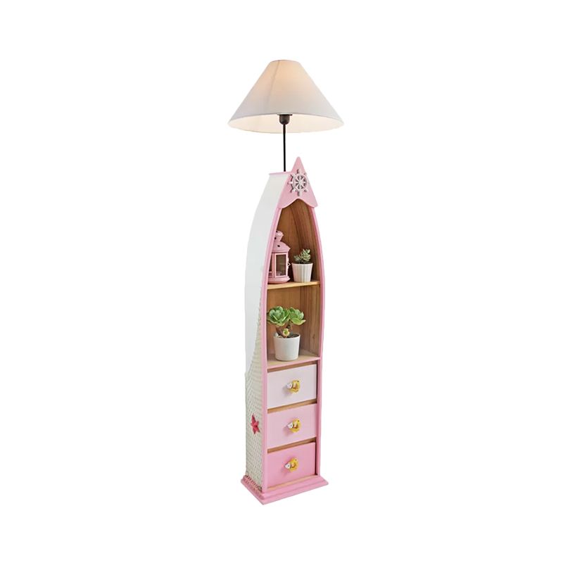 Wood Surfboard-Like Shelf Floor Lamp Children Single Head Pink/Green/Blue Standing Light with Cone White Fabric Shade