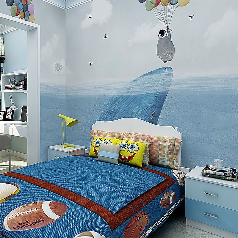 Blue Penguin and Balloon Mural Stain-Resistant for Boy's or Girl's Bedroom