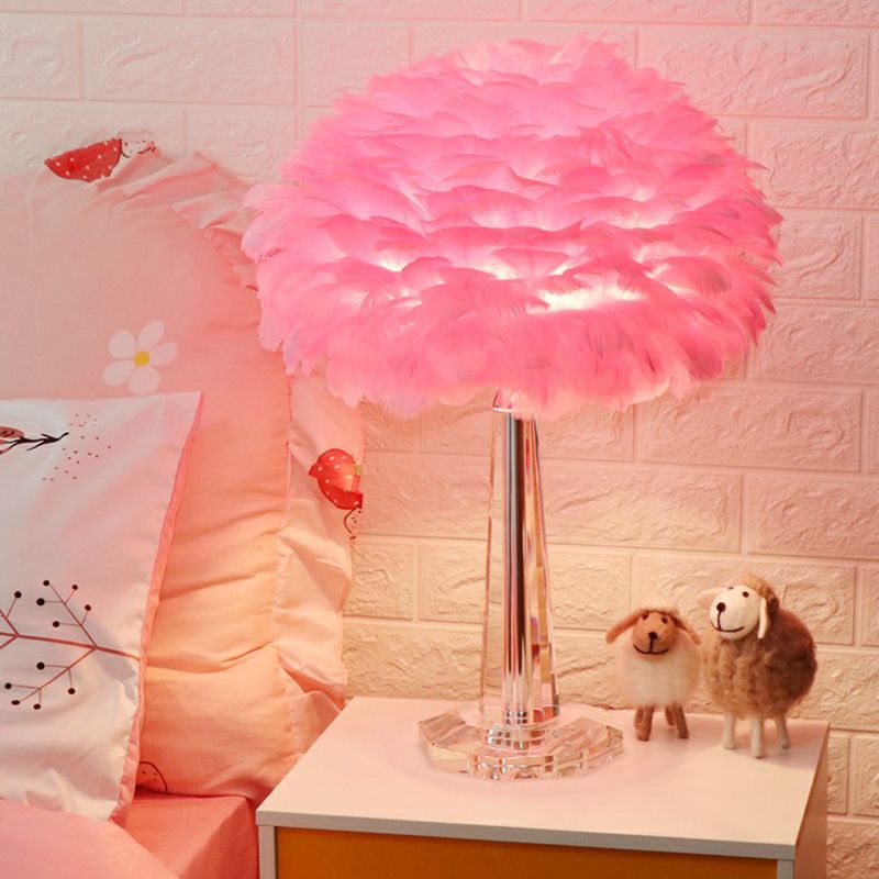 1-Light Bedside Night Lamp Nordic Table Light with Layered Feather Shade and Crystal Accent