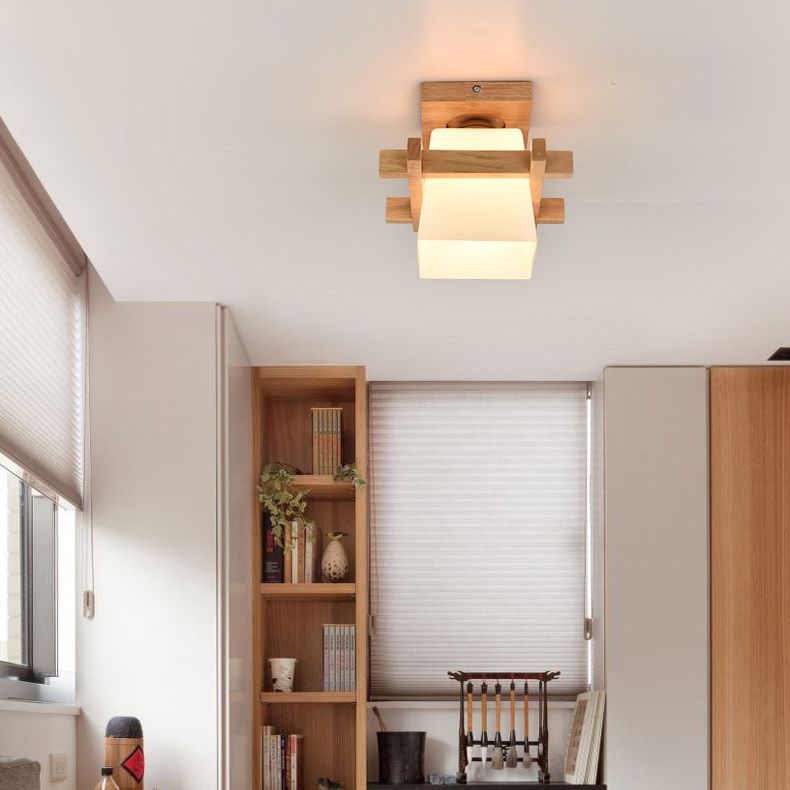 Beige 1 Light Ceiling Lighting Natural Wood Rectangle Semi Flush Mount Lighting for Home Office