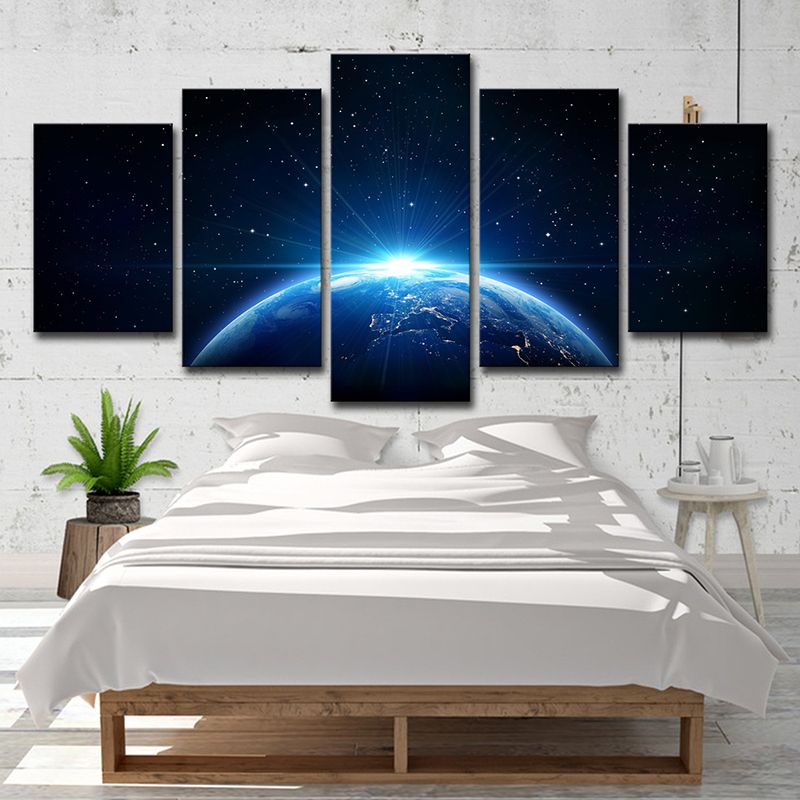 Planet and Starry Sky Canvas Art Science Fiction Multi-Piece Wall Decor in Blue for Kids Room