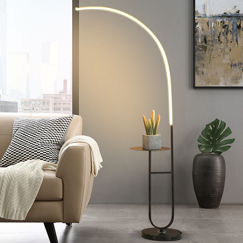 Black and Gold Curve Floor Lamp Modern Style Acrylic LED Standing Light with Tray