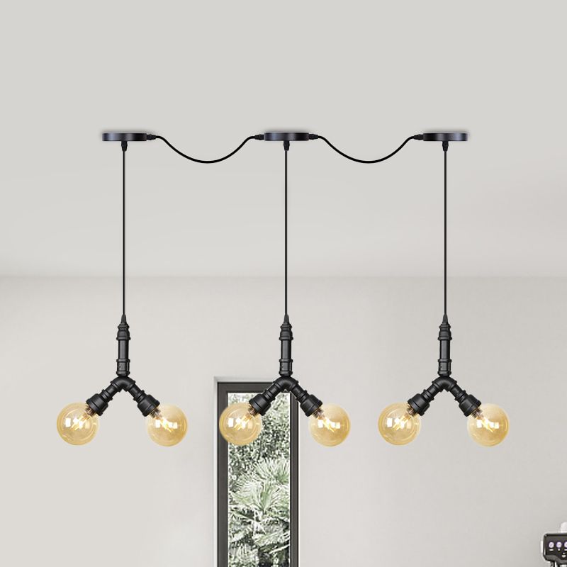 Vintage Sphere LED Multi Lamp Pendant 6/10/14-Bulb Amber Glass Swag Hanging Light Fixture in Black