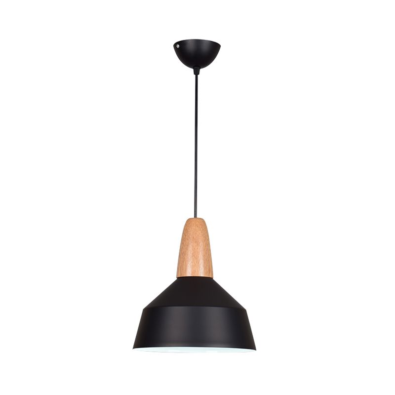 Barn Dining Room Pendant Lighting Aluminum 1 Bulb Macaron Ceiling Hang Lamp in Green/Grey/Pink with Wood Grip