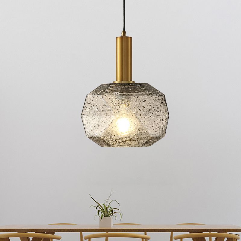 1 Bulb Bedside Pendant Post Modern Brass Hanging Lighting with Faceted Smoke Gray Glass Shade