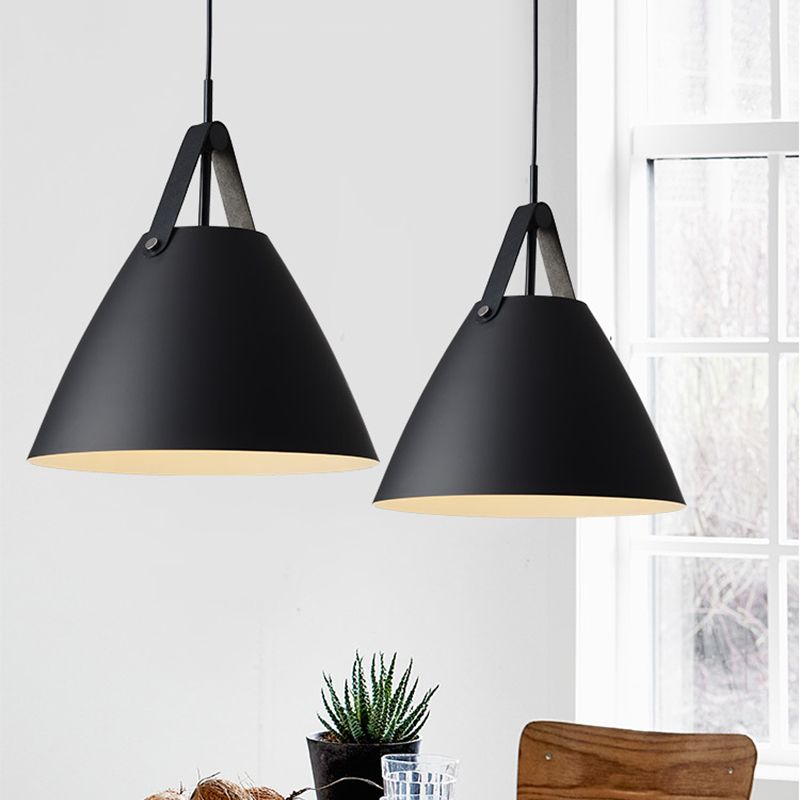 Metal Truncated Cone Drop Pendant Nordic 1-Light Black/Grey/White Suspension Lighting with Leather Strap, 10.5"/14" W