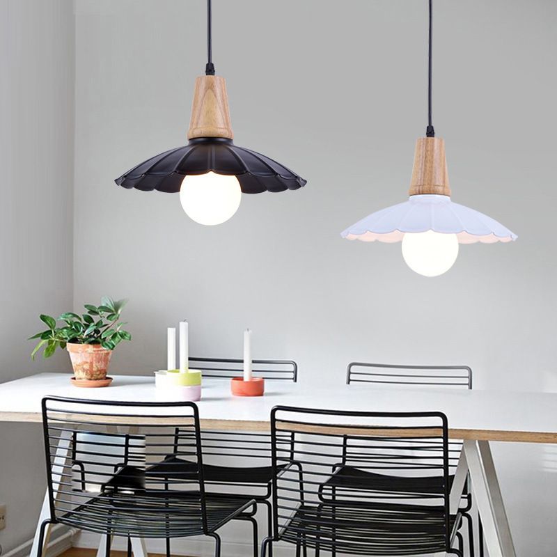 Scalloped Metal Hanging Light Fixture Industrial Single Head Bedroom Suspension Pendant with Wooden Cap in White/Black