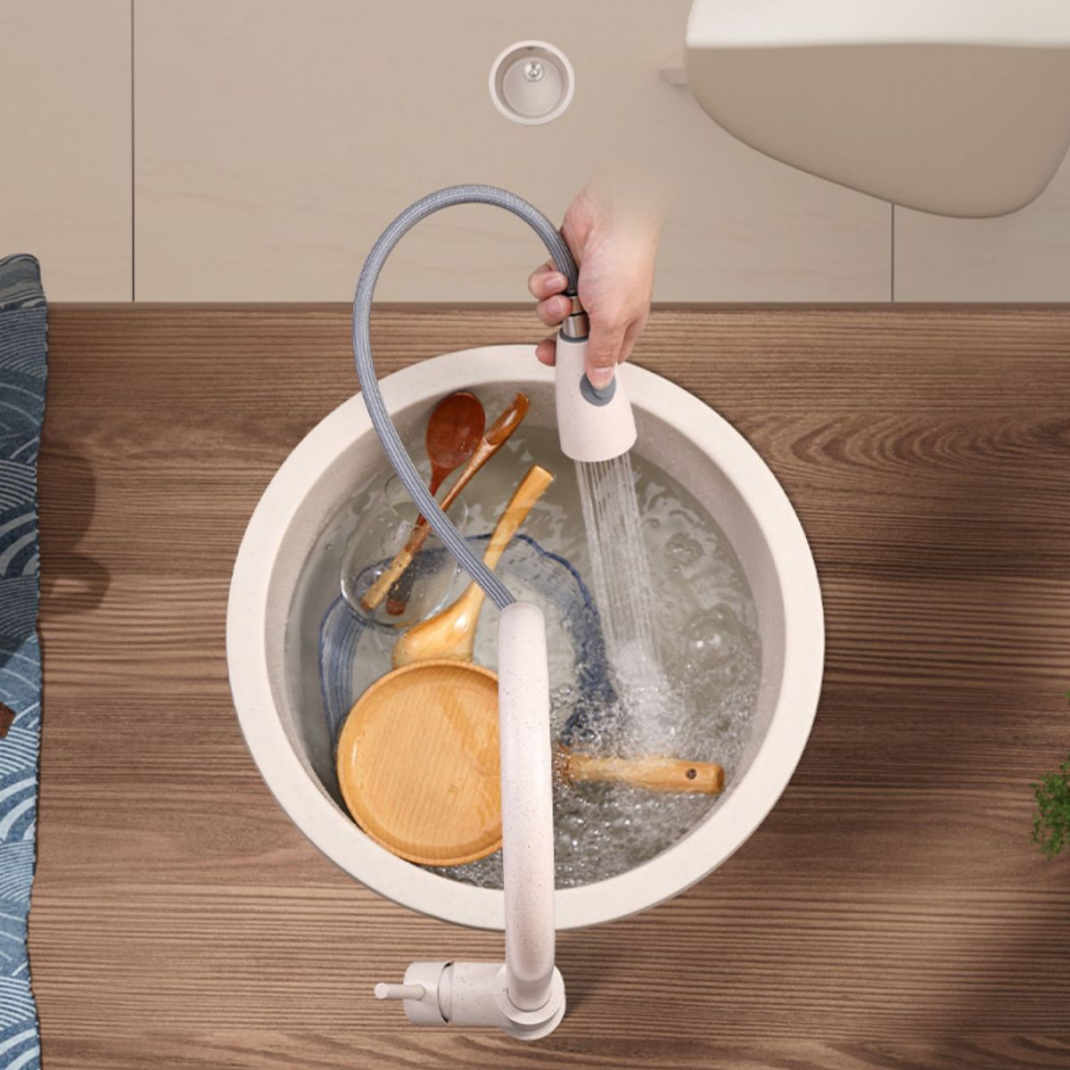 Round Kitchen Sink Quartz Single Bowl Kitchen Sink with Drain Assembly