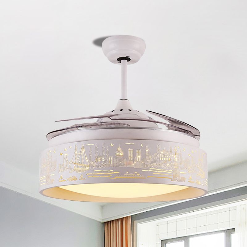 Round Hanging Fan Light Kids Metal Led White Semi Flush Mount met 3 heldere messen, 19,5 "breed