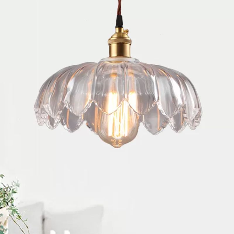 Single Bulb Hanging Ceiling Light with Scalloped Shade Clear Glass Industrial Living Room Pendant Lighting, 8"/10"/12" Wide