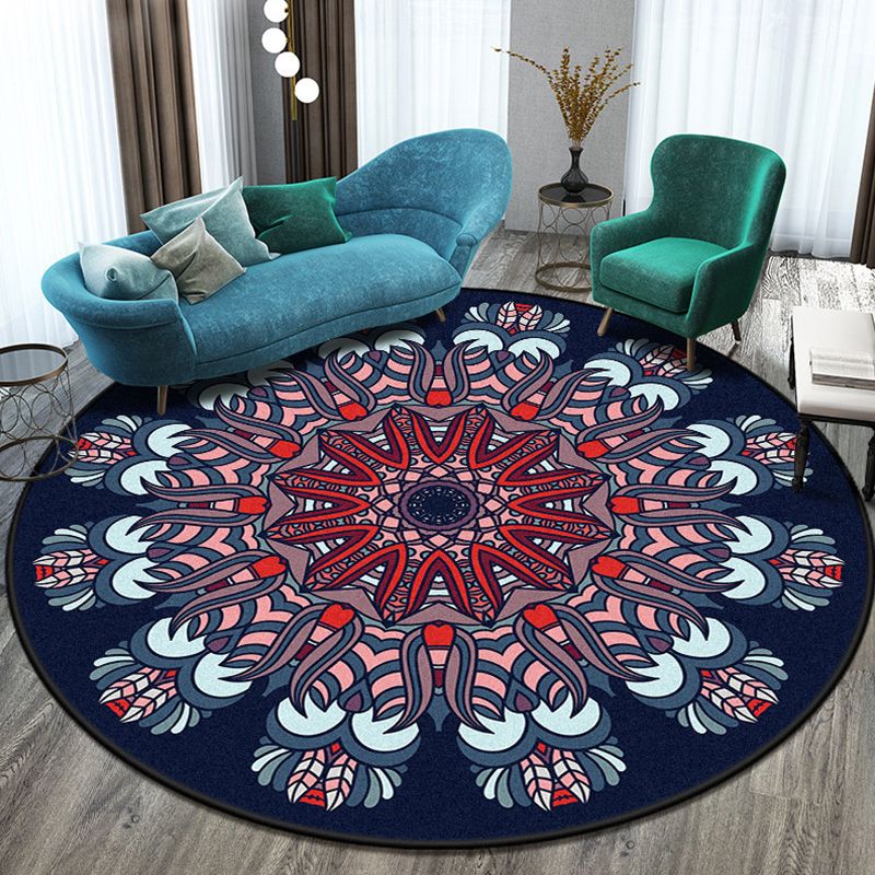 Moroccan Round Rug Medallion Print Indoor Rug Stain Resistant Polyester Area Rug for Living Room