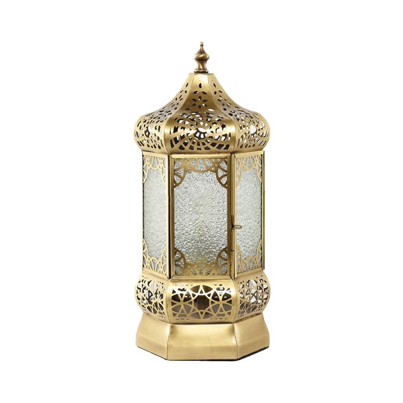 Metal Brass Finish Task Light Lantern 1 Head Traditional Night Table Lamp with Seeded Glass Shade