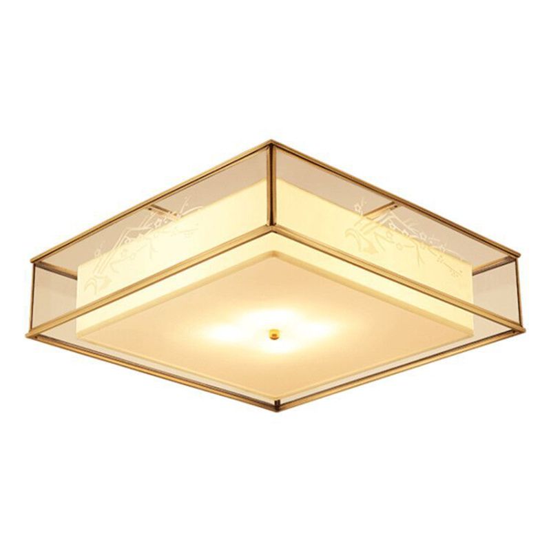 Fabric Square Shape Flush Mount Light Modern 3 Lights Flush Mounted Light Fixture in Gold