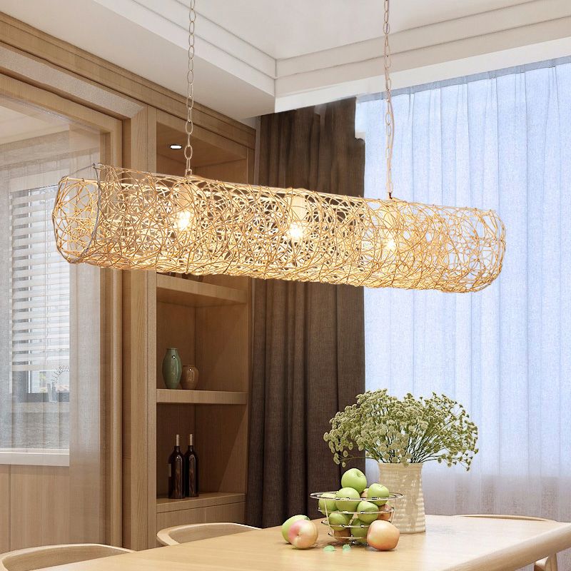 Piping White Horizontal Suspension Light Contemporain 3-Light Bamboo Rattan Chandelier Pendant Light