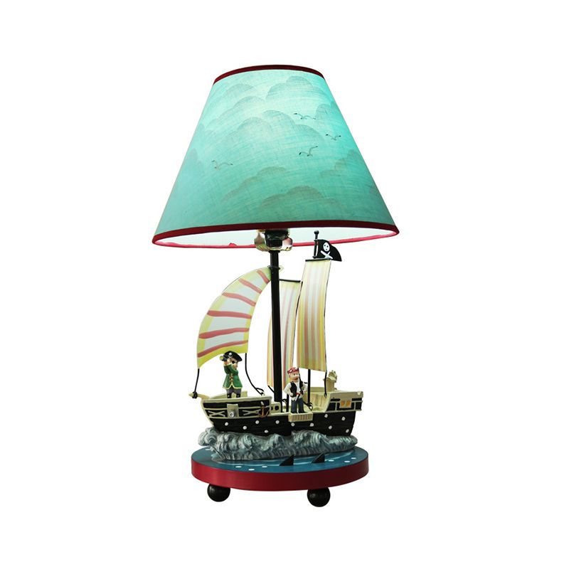 Pirate Sailboat Boy's Bedside Table Lamp Resin 1 Light Kids Nightstand Light with Conical Shade in Blue